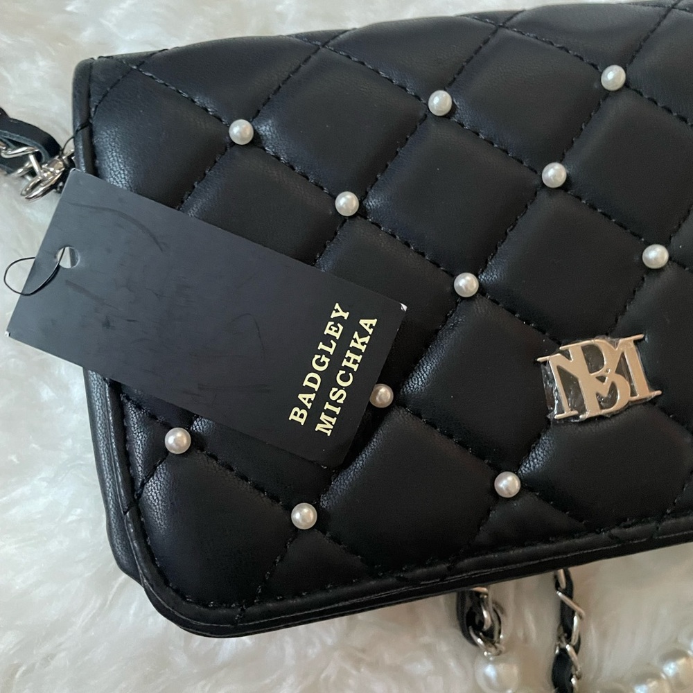 Badgley Mischka Black Quilted Crossbody with Pearl-Accent Chain - Picture 5 of 5